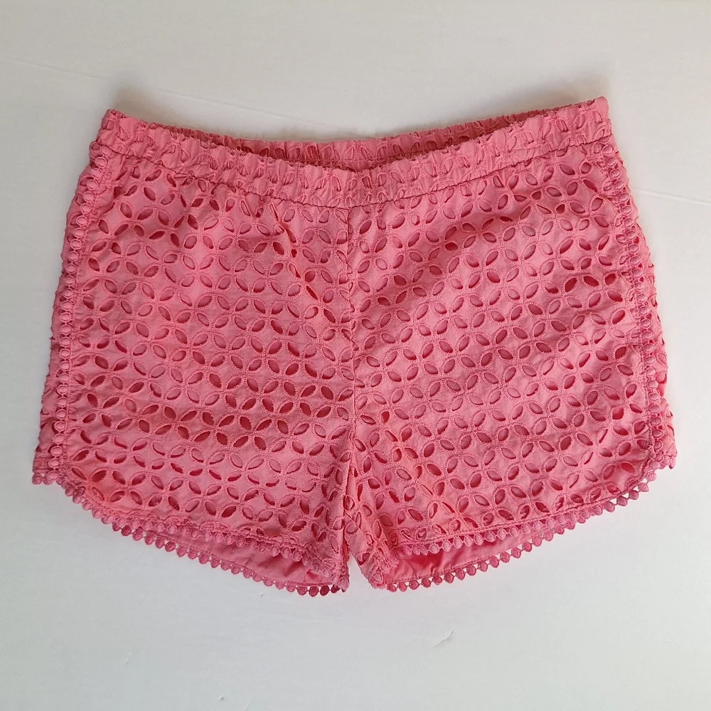 Lilly Pulitzer Pink Eyelet Shorts Pull On Cotton Pom Pom Elastic Kids L